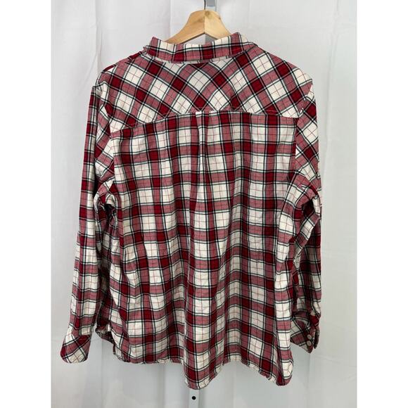 TALBOTS 2XP Petite Plus Plaid Button Up Ruffle Shirt Shimmer Flannel Red White - Picture 2 of 9